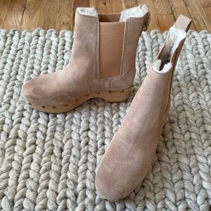 Brand New J.Crew Faux-fur lined suede clog boots, Bronzed Clay